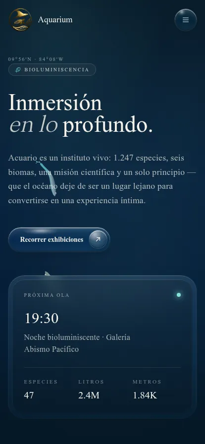 Hero mobile del acuario — "Inmersión en lo profundo" con próxima ola y métricas live