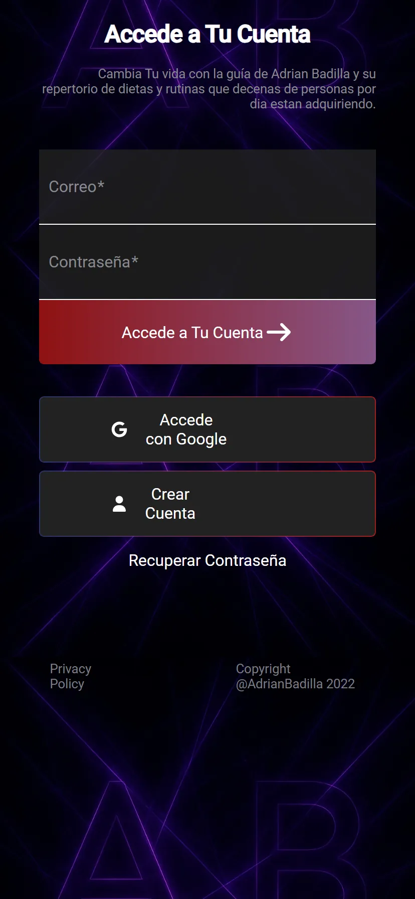 Pantalla de login — correo, contraseña, Google SSO y registro