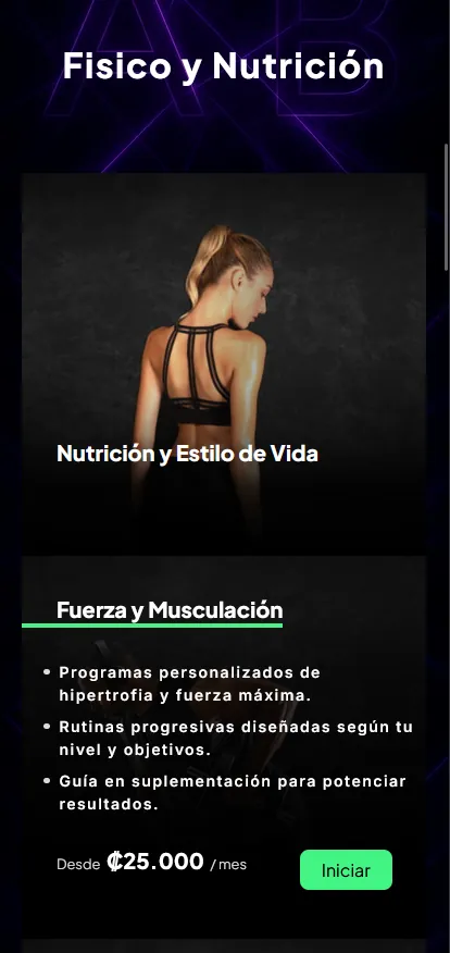 Sección Físico y Nutrición — planes de Nutrición y Estilo de Vida + Fuerza y Musculación con bullets y precio