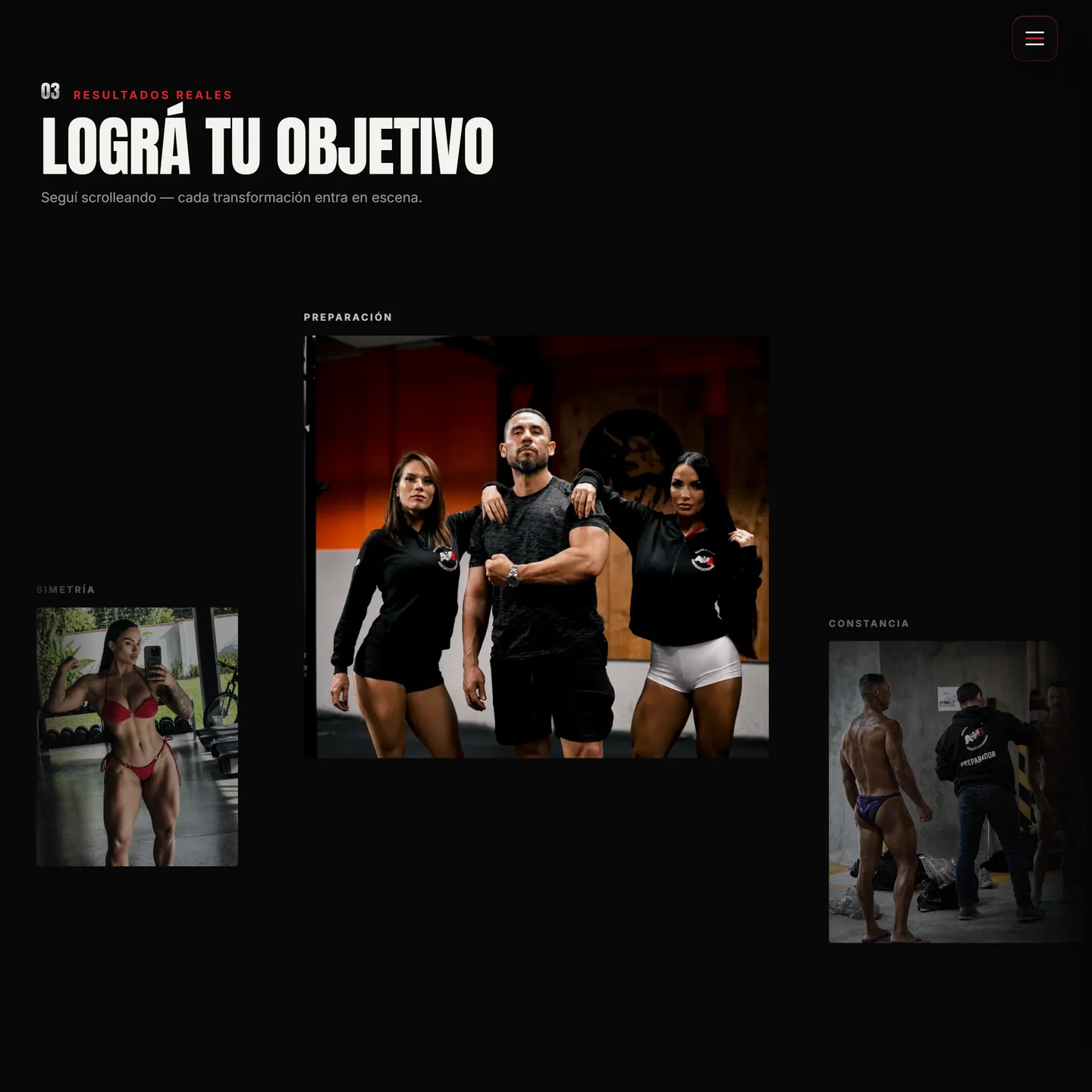 Sección Resultados reales — galería de fotografía profesional de culturismo: preparación, simetría y constancia