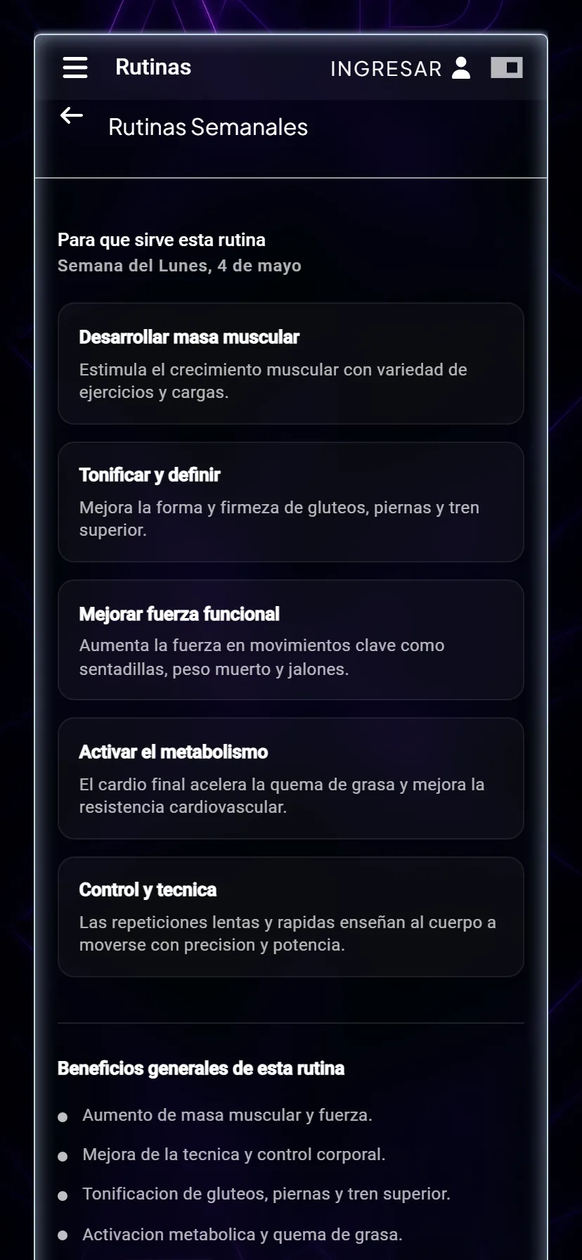 Vista de Rutinas Semanales — tarjetas detalladas: masa muscular, tonificación, fuerza funcional, metabolismo