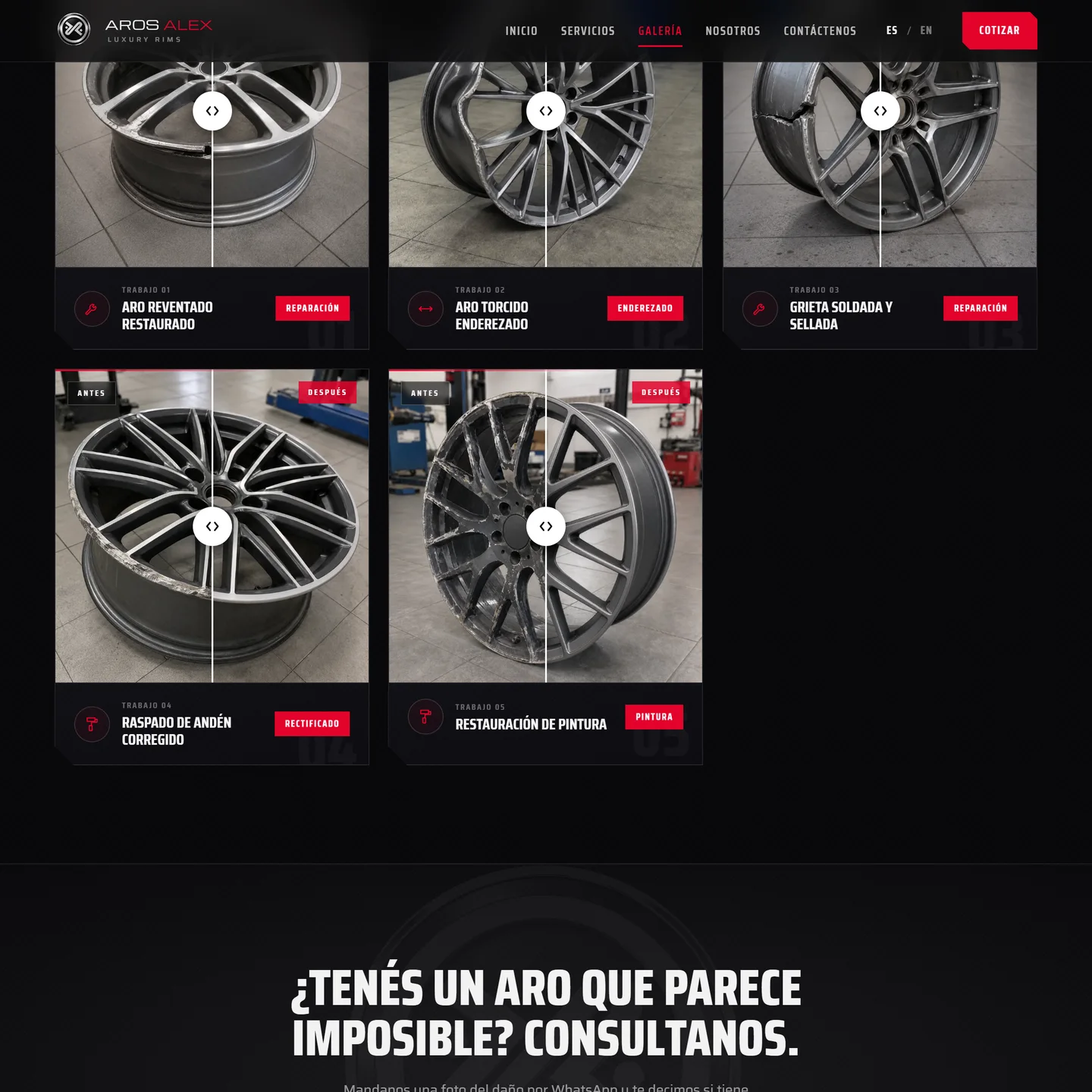 Galería de trabajos — comparador antes / después de aros reventados, torcidos y despintados restaurados al milímetro