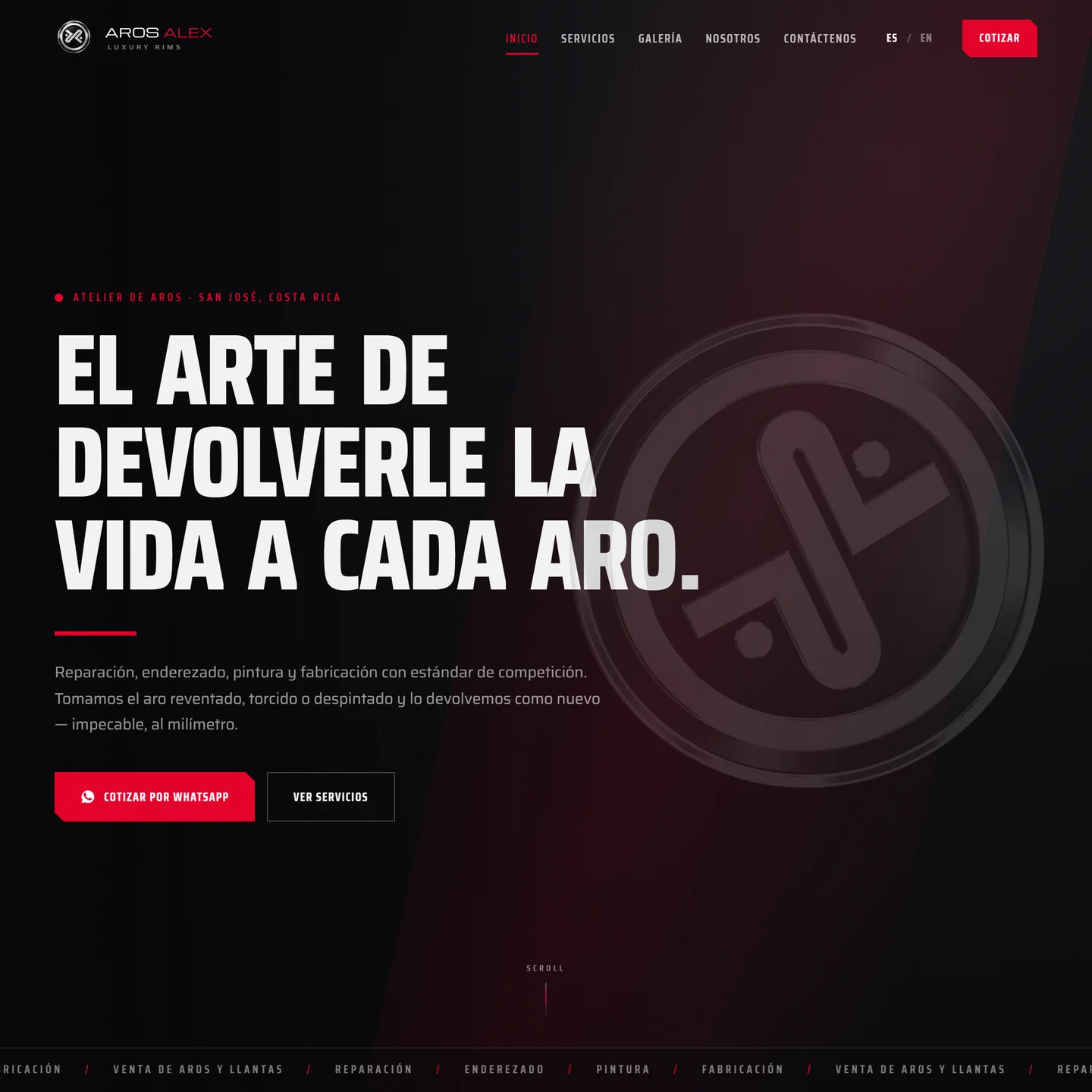 Hero de Aros Alex — "El arte de devolverle la vida a cada aro" sobre fondo rojo y negro, atelier de aros en San José