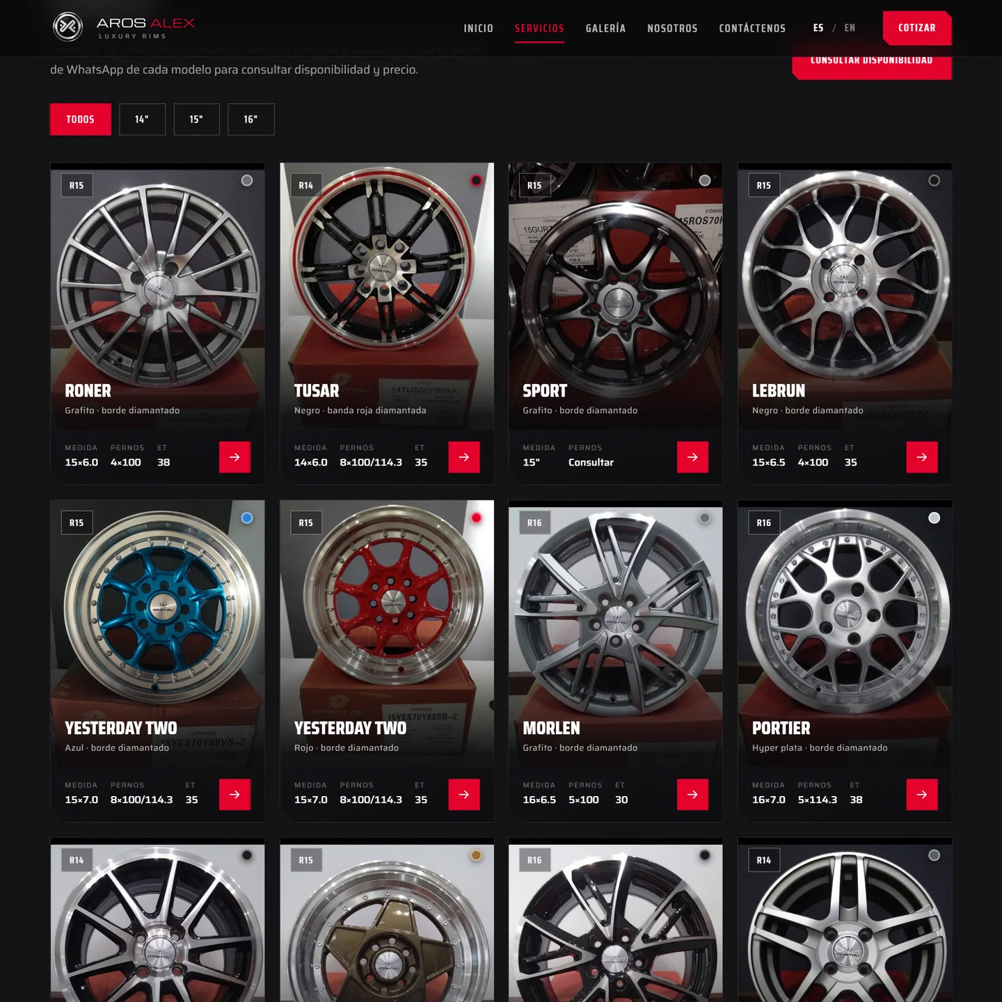 Catálogo de aros nuevos — grid filtrable por medida (R14, R15, R16) con specs de pernos y ET