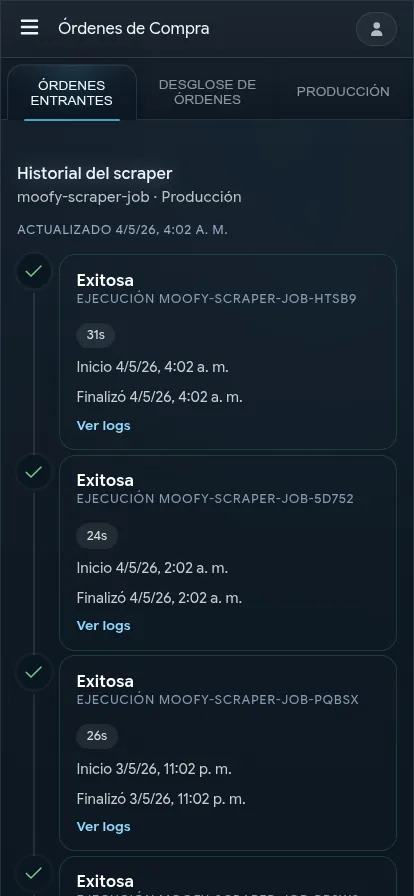 Dashboard de Órdenes de Compra — monitoreo del scraper en Cloud Run con ocho corridas exitosas