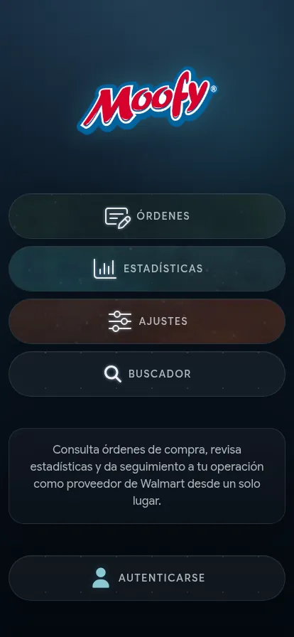 Pantalla de acceso de moofy.vip — entrada con cuatro módulos: órdenes, estadísticas, ajustes y buscador