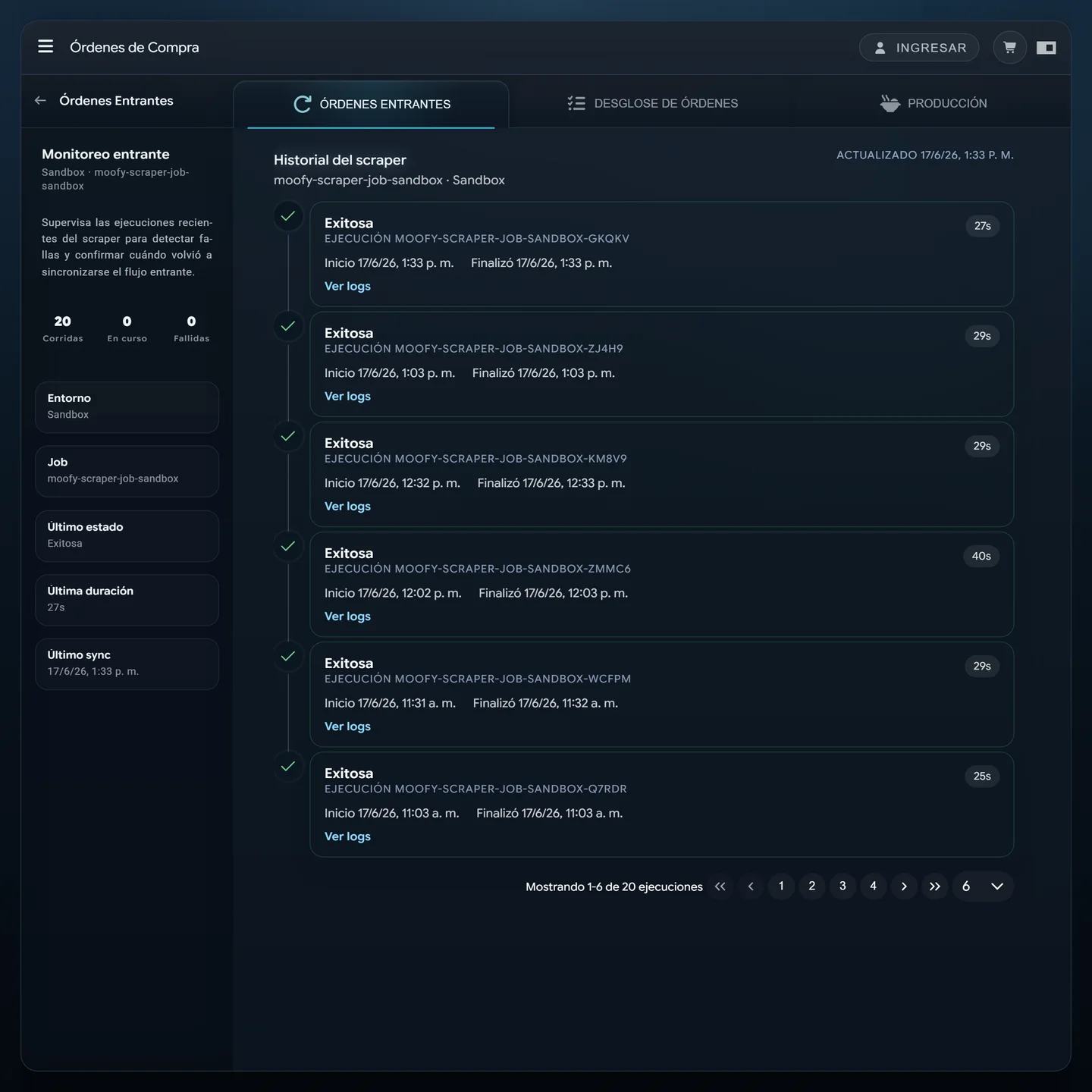 Órdenes de Compra — monitoreo del scraper en Cloud Run con veinte corridas exitosas, sin fallas