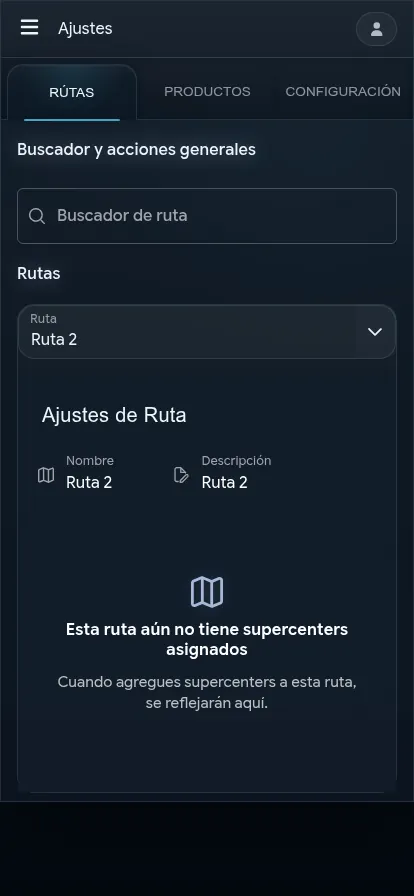 Ajustes de Rutas — editor con búsqueda, asignación de supercenters y configuración por ruta